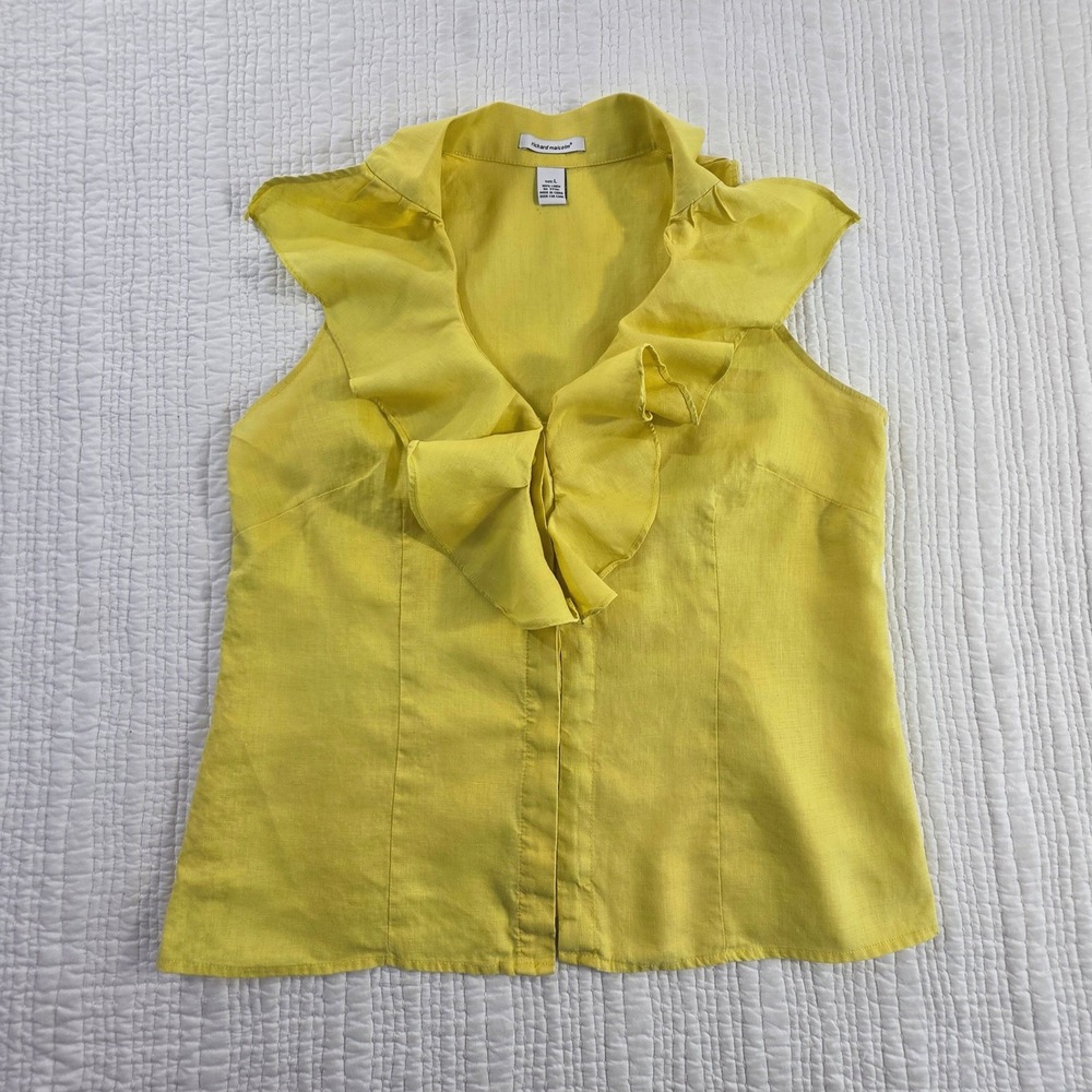 Richard Malcolm 100% Linen Ruffle VNeck Sleeveless Yellow Blouse Top Womens L